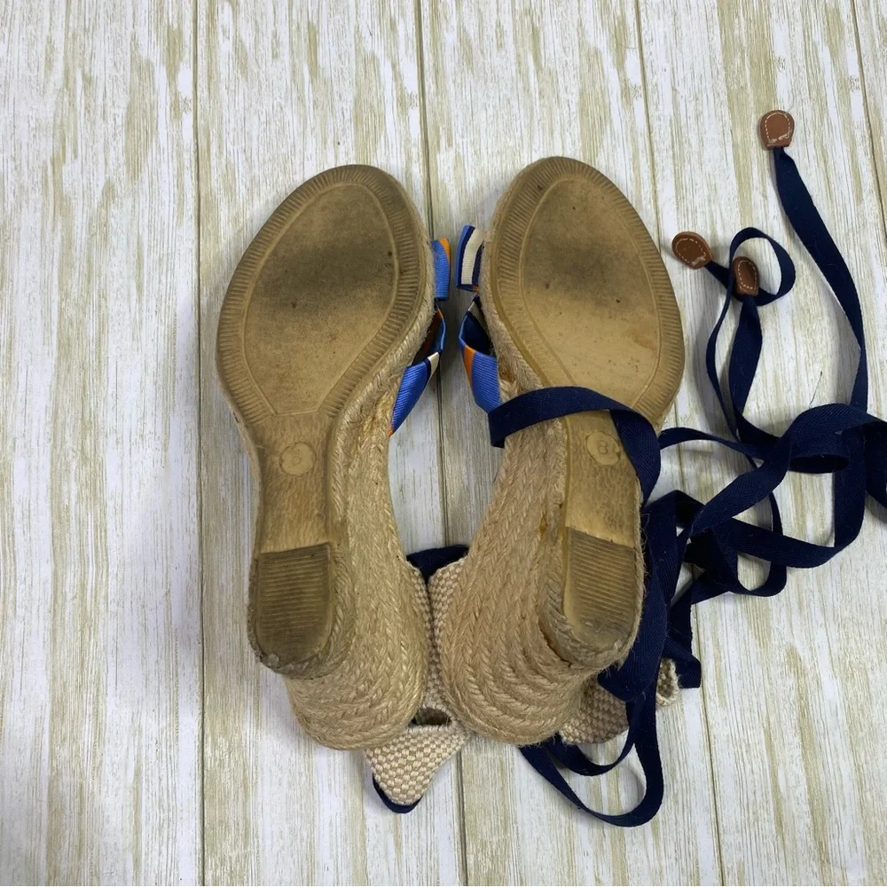 J. Crew Blue Striped Marianne Wrap Ankle Espadrille Wedge Sandals